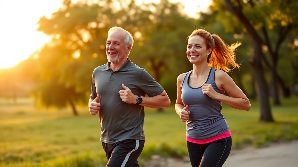 Middle-aged man and woman jogging together in park during sunrise, athletic wear, healthy physiques, smiling expressions, trees and green landscape background, motion and vitality evident