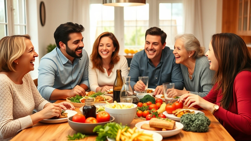 Diverse family laughing together at dining table with fresh healthy food, vegetables and fruits visible, warm home lighting, genuine happiness, multigenerational gathering, wellness atmosphere