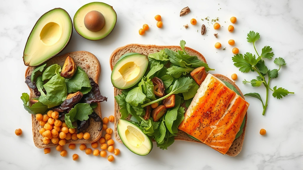 Overhead flat lay of healthy sandwich ingredients arranged artfully: whole grain bread slices, sliced avocado, fresh leafy greens, roasted vegetables, chickpeas, grilled salmon fillet, and herbs on marble countertop with natural daylight