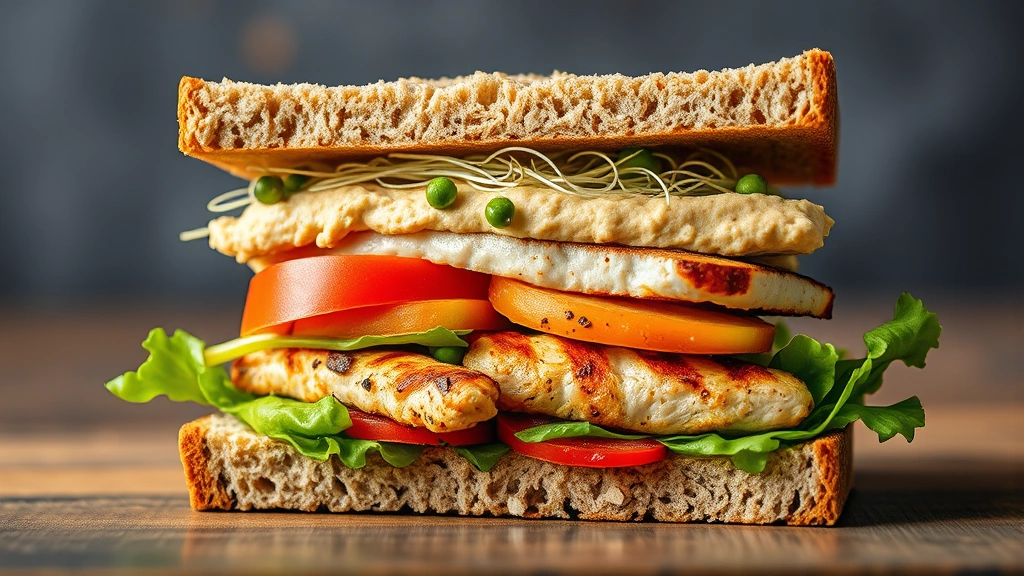 Nutritious sandwich cross-section displaying layers of whole wheat bread, hummus spread, colorful vegetables, sprouts, and grilled chicken with visible texture and freshness, professional food photography style with shallow depth of field