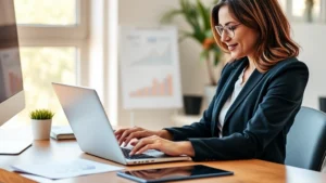 Professional woman reviewing investment portfolio on laptop at home office desk with financial charts and growth graphs visible, natural lighting, confident expression, modern workspace