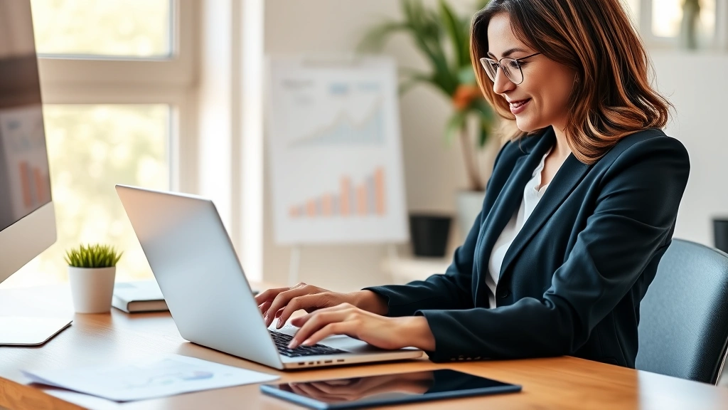 Professional woman reviewing investment portfolio on laptop at home office desk with financial charts and growth graphs visible, natural lighting, confident expression, modern workspace