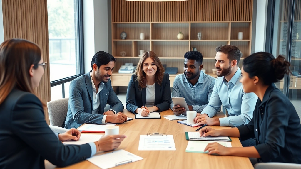 Diverse group of people in casual business attire having collaborative meeting around table with notebooks and coffee cups, discussing financial planning strategies and wealth goals