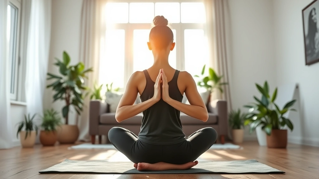 Peaceful person practicing yoga or meditation in bright living room with plants and natural light, representing stress reduction and wellness as part of financial independence journey