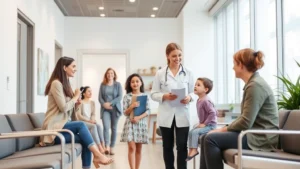 Professional healthcare worker assisting diverse family in modern medical clinic waiting room with welcoming environment