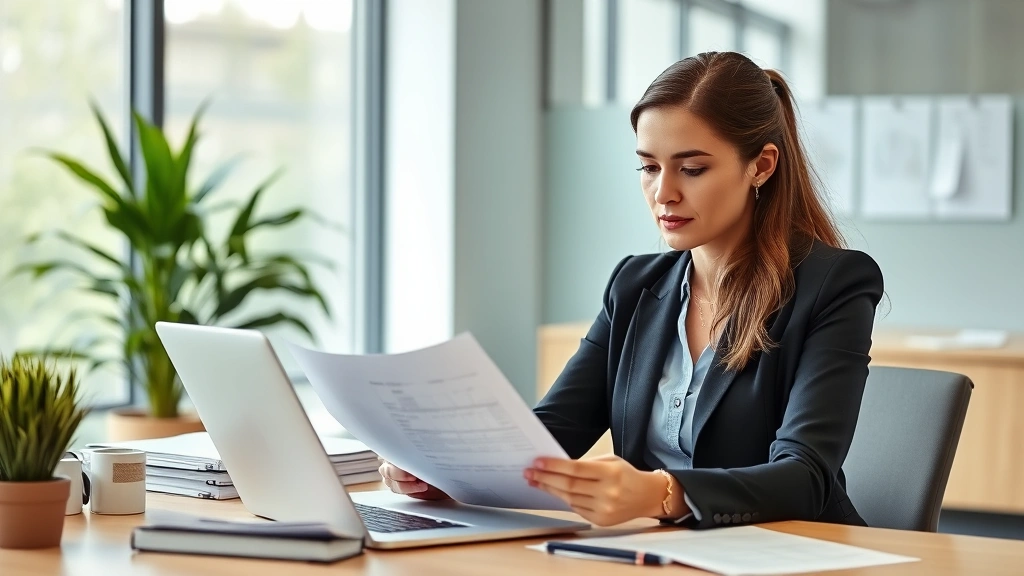 Professional woman reviewing health insurance documents at desk with laptop, organized workspace, focused expression, natural lighting, modern office environment