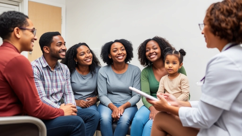 Diverse family of four having a wellness discussion with female healthcare advisor in clinical setting, trust and communication evident, warm professional atmosphere