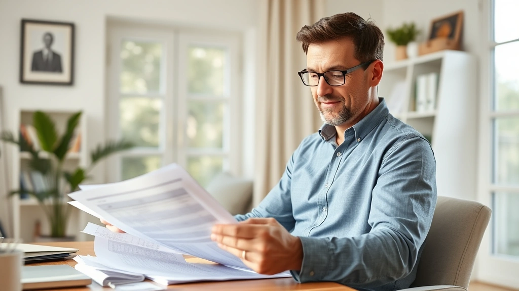 Successful middle-aged man confidently reviewing financial documents and health insurance plans, peaceful home office, clear decision-making moment, natural daylight