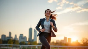 Professional woman in business attire jogging outdoors at sunrise, smiling with confidence, modern city skyline in background, vibrant and energetic atmosphere
