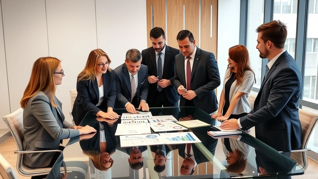 Diverse group of people in professional attire discussing business strategy around glass conference table with charts and financial documents visible