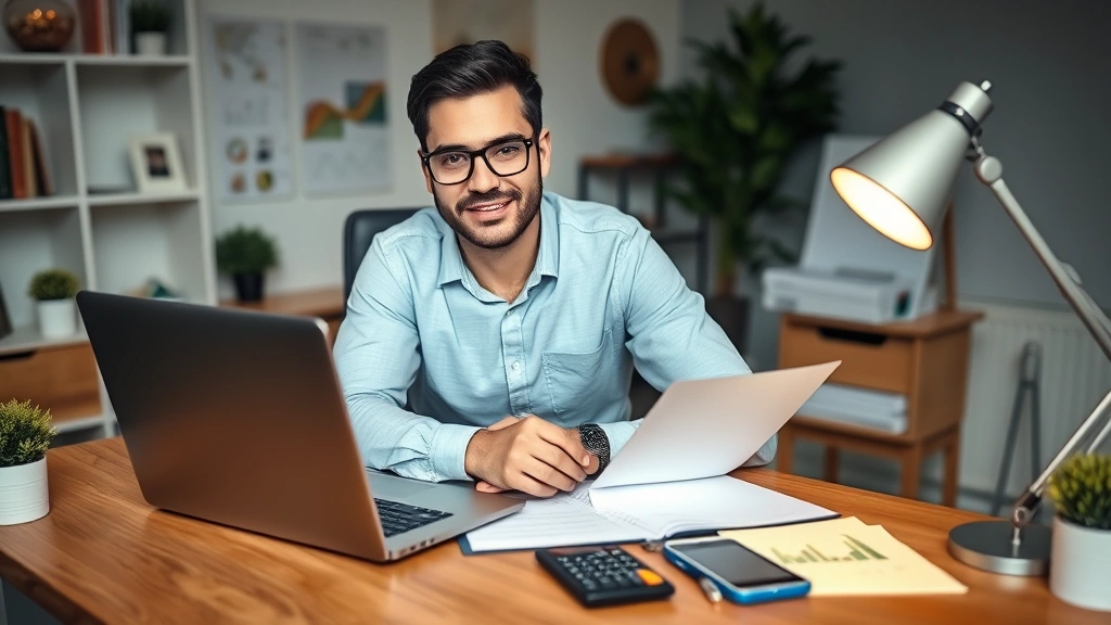 Successful entrepreneur working at home office desk with laptop, calculator, and financial planning materials, looking confident and focused on wealth goals