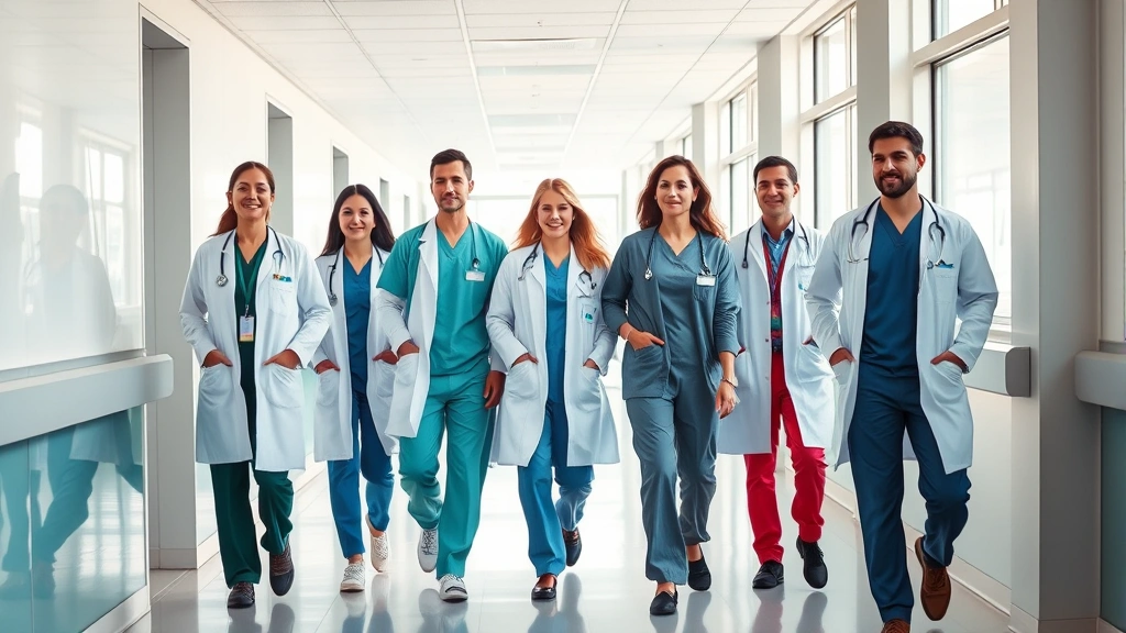 Professional healthcare team in modern hospital corridor wearing scrubs and white coats, walking together confidently, natural sunlight through windows, collaborative atmosphere, diverse medical professionals