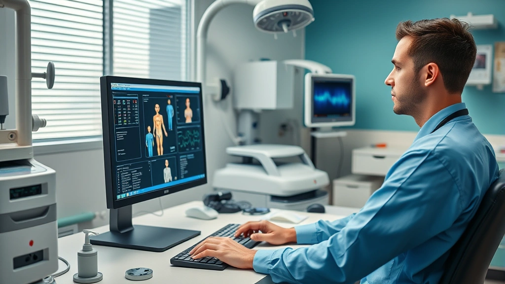 Healthcare professional working at computer in clinical office, reviewing patient information on monitor, organized workspace with medical equipment, focused expression, modern healthcare technology environment