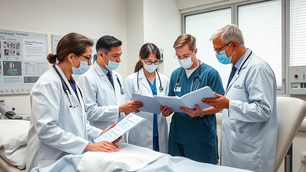 Medical professionals in clinical setting collaborating around patient care, reviewing charts and discussing treatment plans, team-oriented environment, professional medical atmosphere