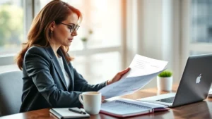 Professional woman reviewing financial documents at desk with laptop, coffee cup, and notebook, natural office lighting, focused expression analyzing retirement planning