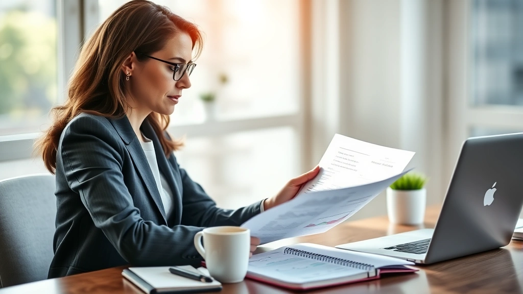 Professional woman reviewing financial documents at desk with laptop, coffee cup, and notebook, natural office lighting, focused expression analyzing retirement planning
