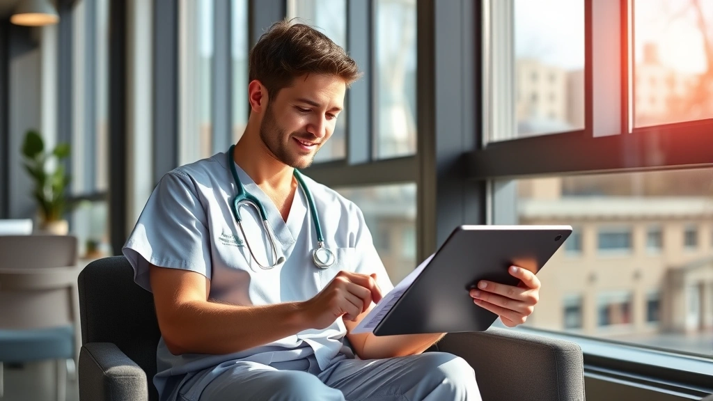 Healthcare professional in scrubs reviewing benefits enrollment forms on tablet device, sitting in modern office environment with windows, morning natural light