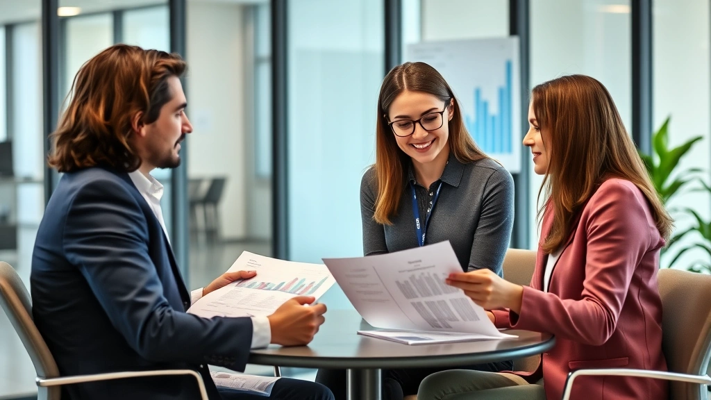 Young couple meeting with financial advisor in modern office, reviewing investment portfolio documents, collaborative discussion, professional setting with charts visible