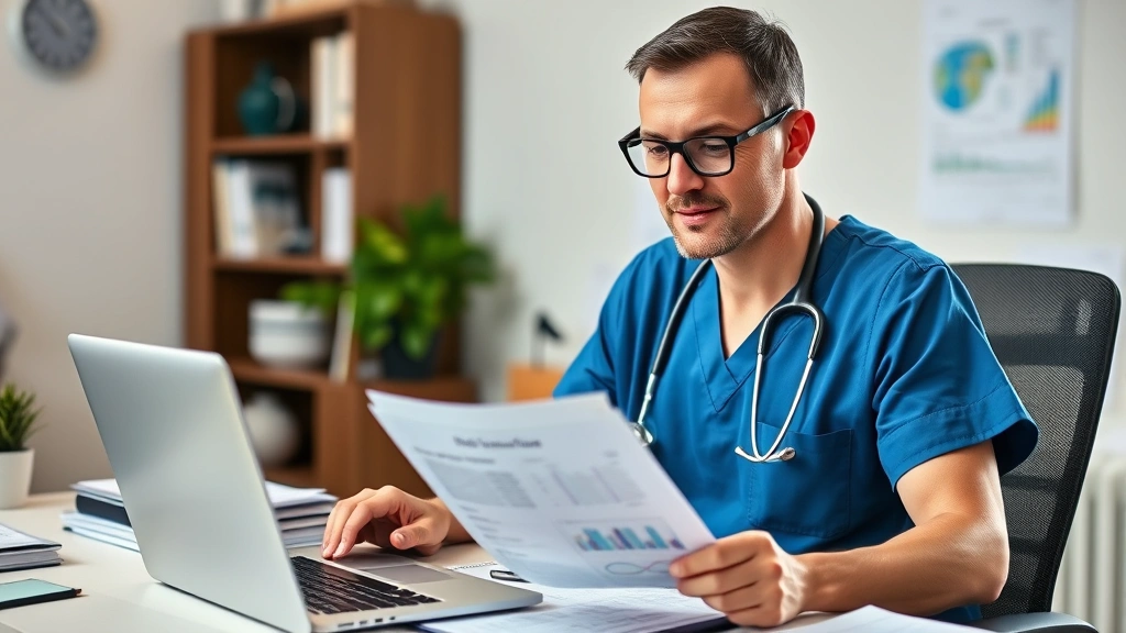 Confident healthcare professional in scrubs reviewing financial documents and retirement planning materials at desk with laptop, organized workspace, focused expression