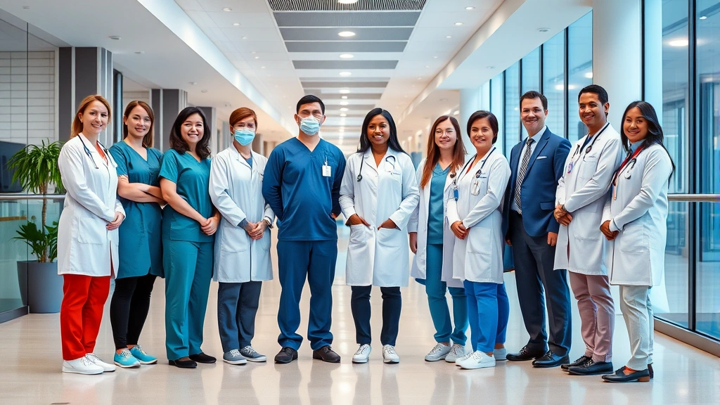 Diverse group of healthcare professionals in modern hospital lobby including nurses, doctors, and administrative staff standing together, welcoming environment, modern healthcare facility