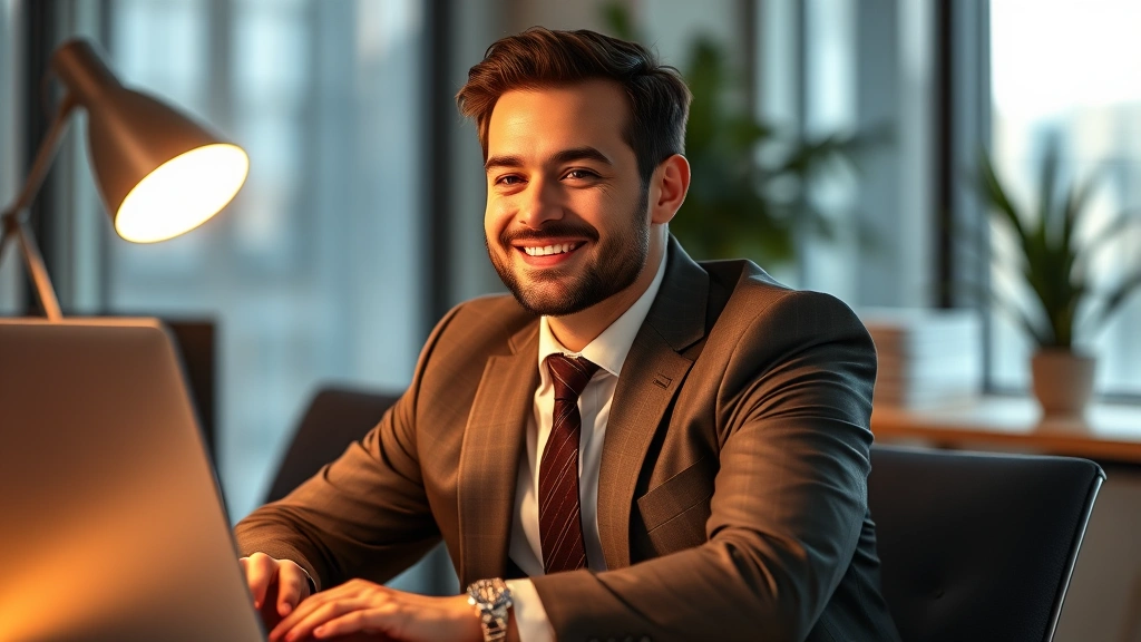 Professional man in business attire sitting at desk with laptop, looking confident and focused, warm lighting, modern office environment, peaceful expression indicating good mental health and financial clarity