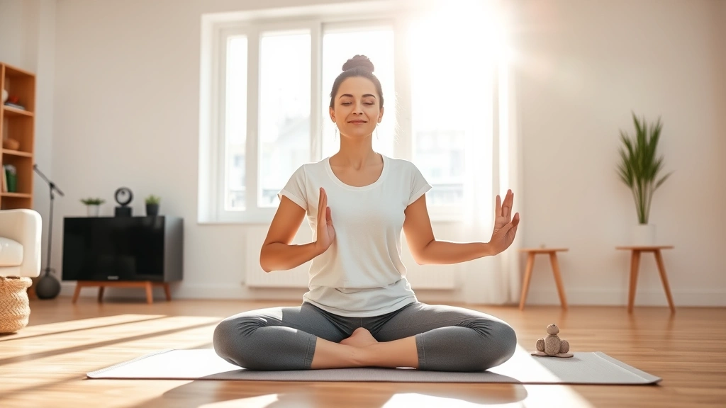 Woman in comfortable casual clothing doing yoga or meditation pose in bright, minimalist home setting, sunlight streaming through windows, serene and balanced appearance representing mental wellness supporting financial decisions