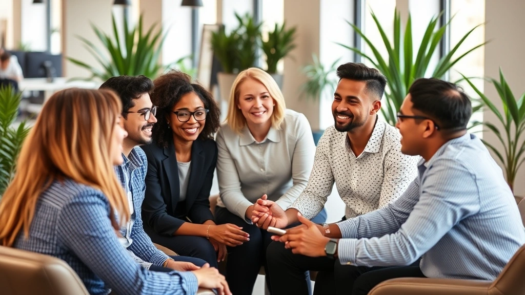 Diverse group of professionals in casual meeting setting, smiling and engaged in discussion, collaborative energy, modern workspace with plants and natural light, representing support networks and financial advisory relationships