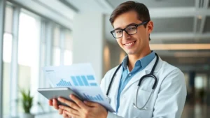 Professional healthcare worker in modern hospital setting reviewing financial documents and investment portfolio on tablet, modern office background, confident expression, natural lighting