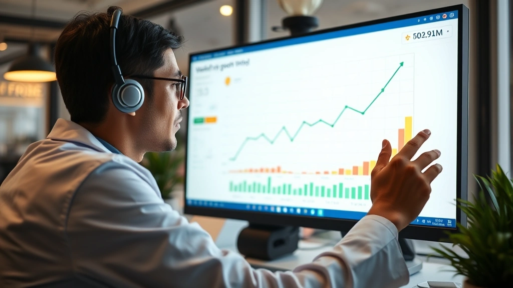 Healthcare worker examining financial growth chart on computer screen showing wealth accumulation over time, modern workspace, charts and graphs visible, focused professional demeanor