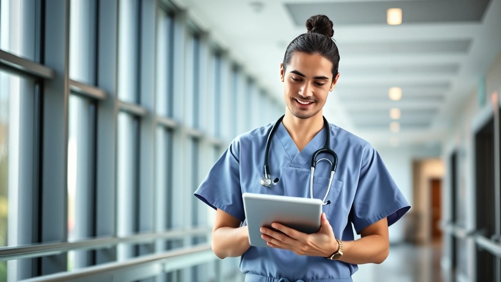 Professional healthcare worker in modern hospital setting wearing scrubs, reviewing patient charts on digital tablet, confident expression, natural lighting from large windows, contemporary clinical environment, wealth and success conveyed through professional competence and modern medical facility