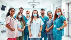 Professional healthcare team in modern hospital setting wearing scrubs and stethoscopes, diverse medical professionals collaborating in bright clinical environment with contemporary medical equipment visible