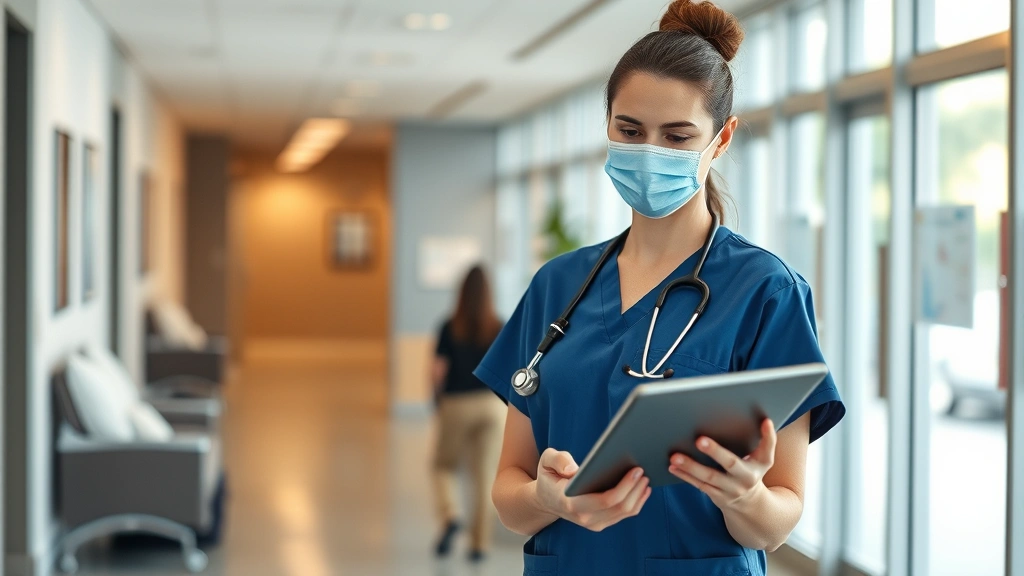 Confident nurse practitioner in clinical workspace reviewing patient information on tablet, modern healthcare facility interior with soft natural lighting, professional medical atmosphere