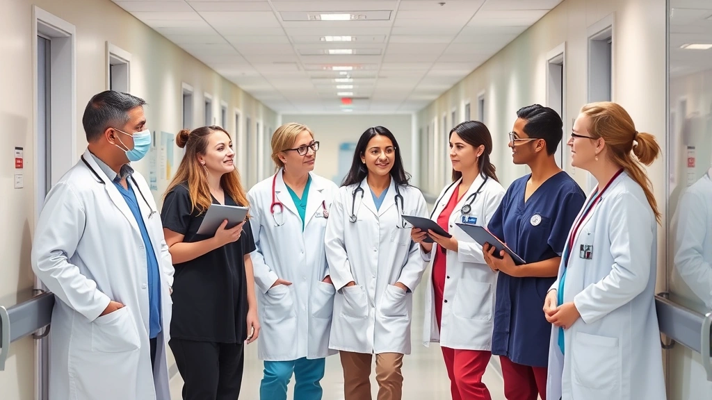 Group of healthcare professionals from different specialties in hospital corridor discussing patient care, diverse team showing collaboration and expertise in contemporary medical facility