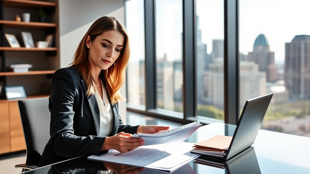 Professional woman reviewing financial documents at modern desk with Indianapolis skyline visible through window, natural lighting, confident expression, wealth planning materials
