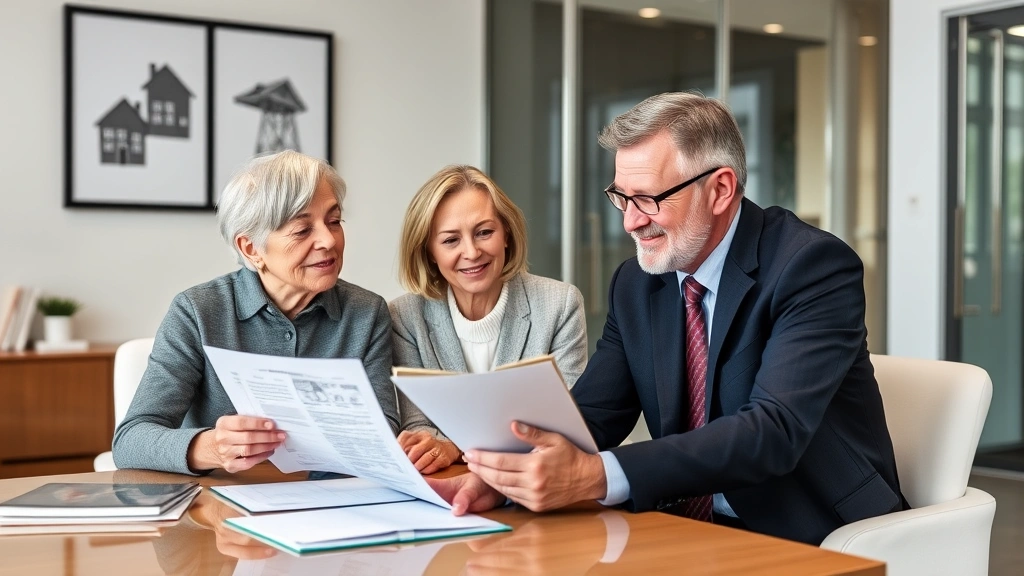 Mature couple meeting with financial advisor in professional office, reviewing investment portfolio documents, diverse representation, trustworthy atmosphere, planning future