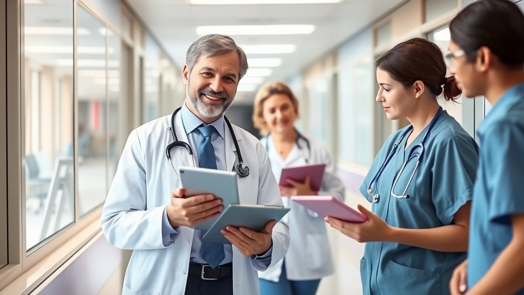 Professional healthcare administrator in modern hospital corridor reviewing digital tablets with medical staff, bright natural lighting, confident expression, healthcare environment