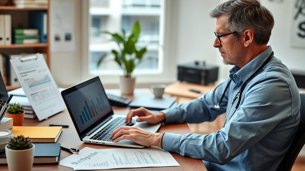 Healthcare professional reviewing investment portfolio on laptop at organized home office desk, financial documents visible, focused expression, professional environment