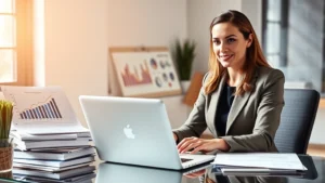 Professional woman in business attire sitting at desk with laptop, organized financial documents and charts visible, sunlit modern office, confident expression, reviewing investment portfolio