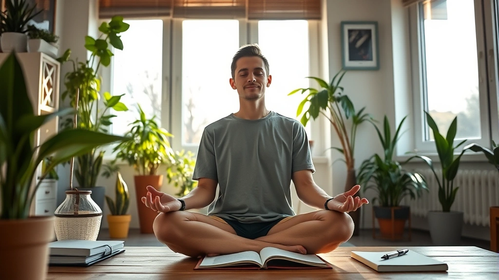 Person meditating peacefully in bright home office with plants, calm expression, morning sunlight through windows, notebook and pen nearby, serene workspace environment