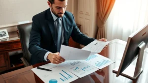 Professional man in business attire reviewing financial documents and charts at an elegant wooden desk with a computer monitor, representing strategic financial planning and wealth management
