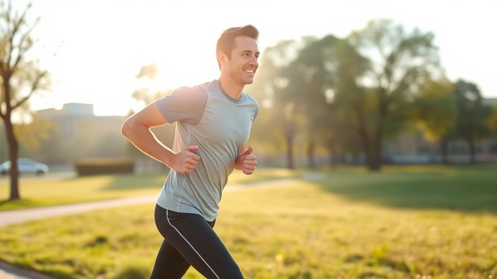 Active healthy professional jogging outdoors in morning sunlight wearing athletic gear, energetic pose, park or urban trail setting, demonstrating vitality and wellness