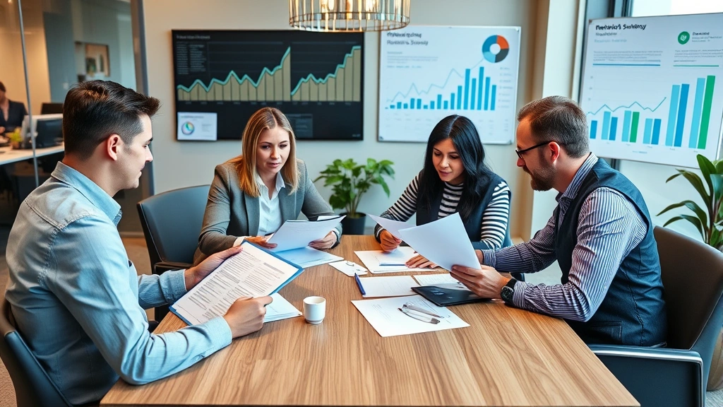 Diverse financial planning meeting with advisor and clients reviewing wealth strategy documents, collaborative atmosphere, modern office with charts and growth indicators visible