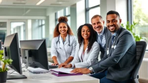 Professional diverse healthcare team in modern office setting, confident employees collaborating at desk with computers and medical documents, natural lighting, contemporary workplace environment