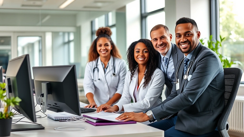 Professional diverse healthcare team in modern office setting, confident employees collaborating at desk with computers and medical documents, natural lighting, contemporary workplace environment