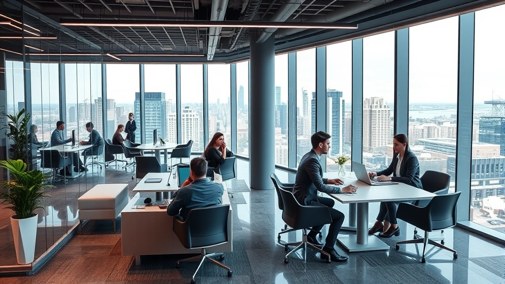 Corporate office interior with glass walls and modern furniture, professionals in business attire working at collaboration spaces, overlooking city skyline, sophisticated healthcare company headquarters aesthetic