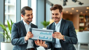 Professional financial advisor meeting with young professional in modern office, reviewing investment portfolio on tablet, wealth growth concept, natural lighting, confident expressions, contemporary business setting