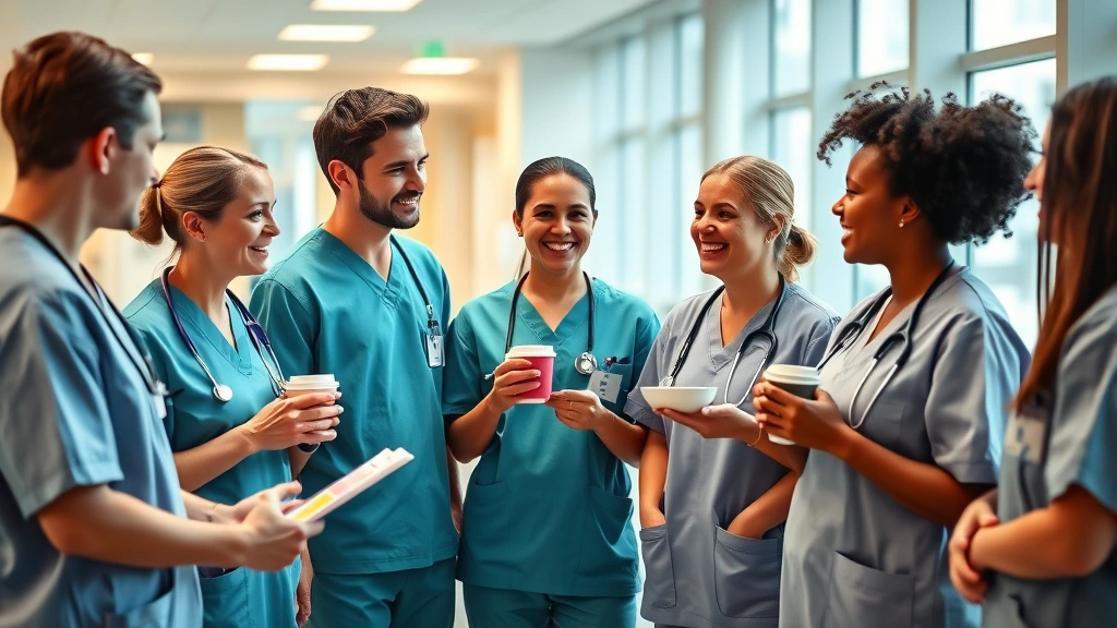 Diverse group of healthcare professionals in scrubs discussing financial planning during break, holding coffee, collaborative atmosphere, natural workplace environment, modern hospital setting, genuine engagement