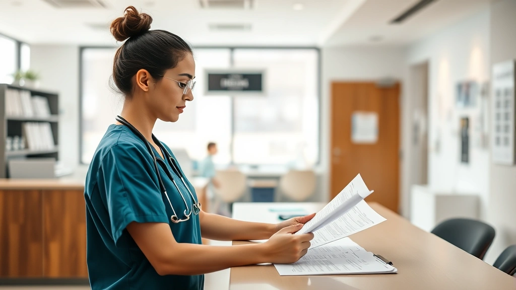 A professional healthcare worker in scrubs reviewing patient charts at a modern health center clinic desk, with medical equipment visible in background, natural lighting through windows, warm professional atmosphere