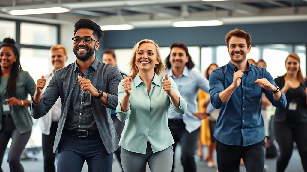 A diverse group of professionals in business casual attire participating in a workplace wellness program, exercising together in a modern gym facility, bright and energetic environment, smiling and engaged
