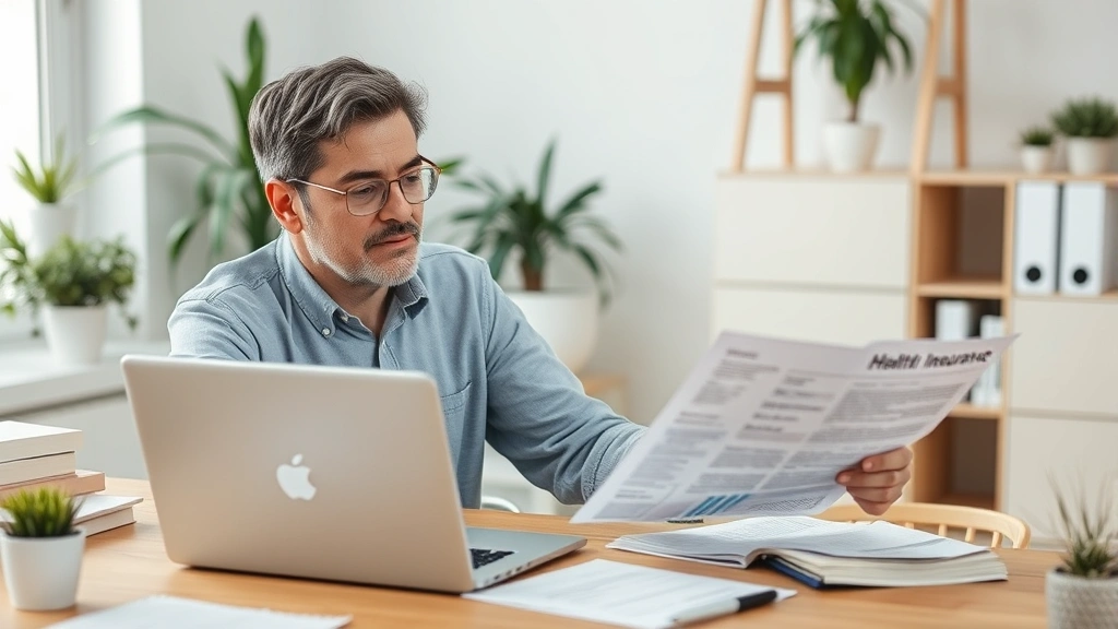 A middle-aged person sitting at a desk reviewing financial documents and health insurance paperwork with a laptop, organized workspace with plants and natural light, focused and confident expression